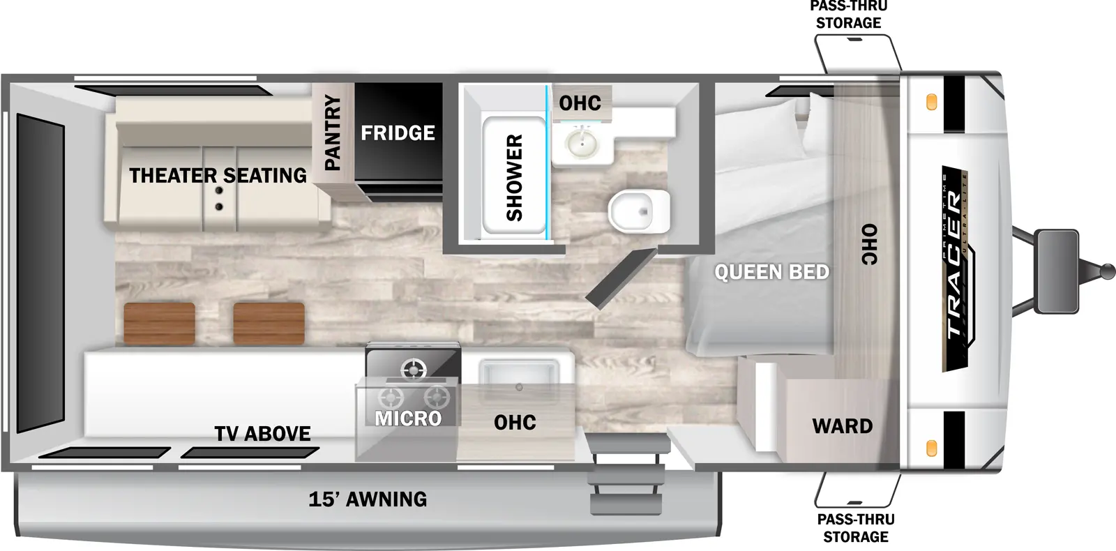 The Tracer 170RS floorplan has one entry and zero slide outs. Exterior features include: fiberglass exterior and 15' awning. Interiors features include: front bedroom.